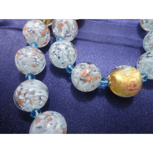 Murano Glass Bead Double Strand Necklace Bracelet Earring Set Blue Gold Stauer - Picture 9 of 11